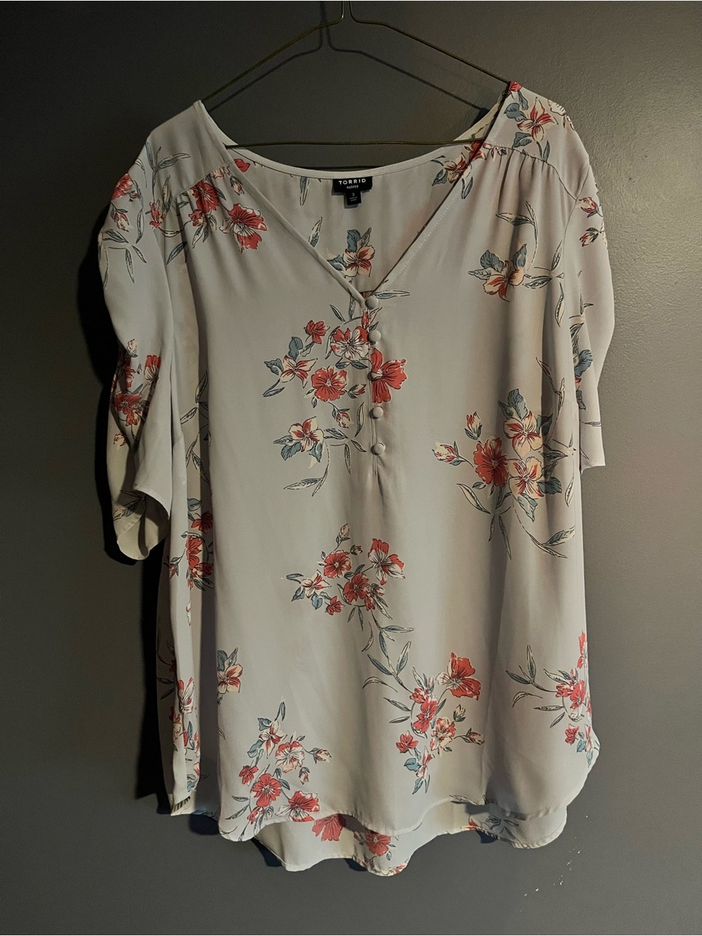 torrid creamy blue Blouse with Red Floral Print